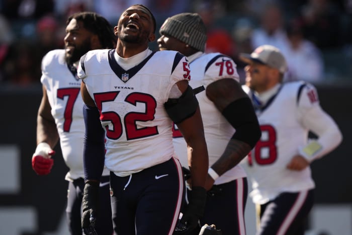 Texans defensive end Jonathan Greenard (52) takes the field prior to a Week 10 NFL football game between the Houston Texans and the Cincinnati Bengals at Paycor Stadium.